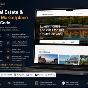 May include: A digital display showing the Property Globus real estate marketplace platform on a laptop and smartphone. The interface features luxury home listings, search filters, and developer tools with text detailing source code and features.