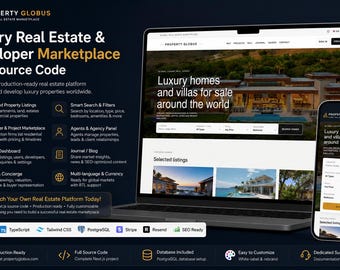 PropertyGlobus fastighetsmarknadsplats fullständig källkod | Next.js TypeScript fastighetslistningsskript | SaaS