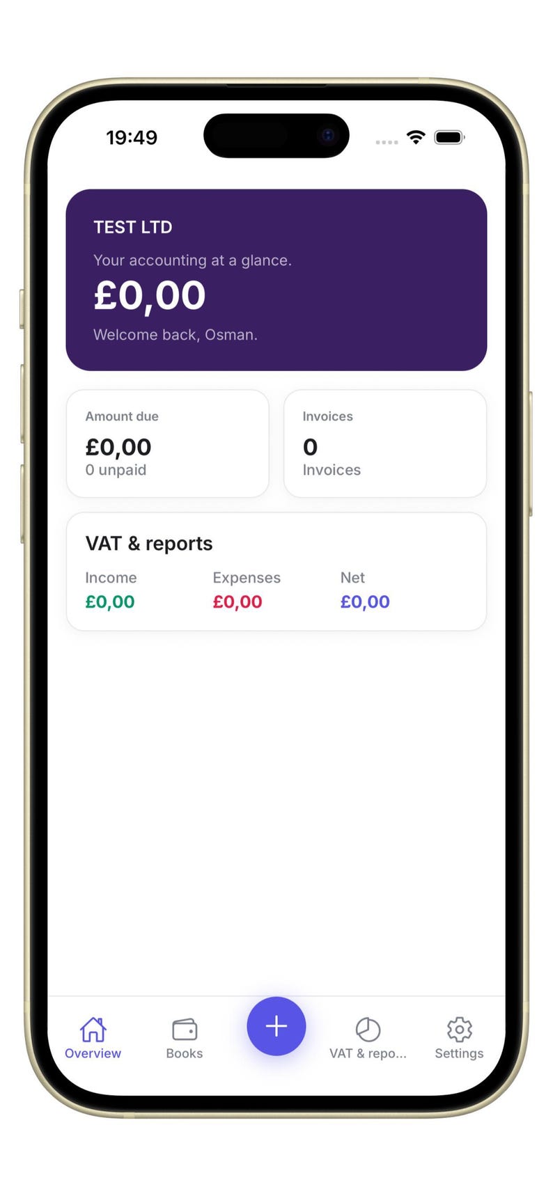 K&ouml;nnte beinhalten: Ein Smartphone-Bildschirm mit der Benutzeroberfl&auml;che einer Buchhaltungs-App. Das Dashboard zeigt TEST LTD, einen Kontostand von &pound;0,00 sowie Bereiche f&uuml;r Amount due, Invoices und VAT & reports mit Werten von &pound;0,00 f&uuml;r Einnahmen und Ausgaben.