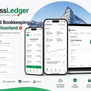 Op de afbeelding: Een digitale marketingafbeelding voor de SwissLedger AI boekhoudapp met twee smartphones en een laptop die financiële dashboards, winst- en verliesrekeningen en grafieken weergeven. De achtergrond toont de Matterhorn en een Zwitserse vlag.