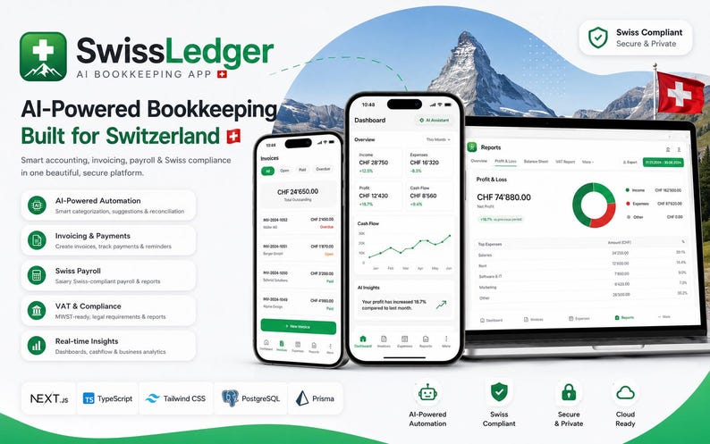 May include: A digital marketing graphic for SwissLedger AI bookkeeping app featuring two smartphones and a laptop displaying financial dashboards, profit and loss reports, and charts. The background shows the Matterhorn mountain and a Swiss flag.