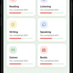 May include: A smartphone screen displaying a language learning application interface titled Your lessons. The dashboard features six white cards for Reading, Listening, Writing, Speaking, Games, and Books, each showing a 50% completion progress bar.