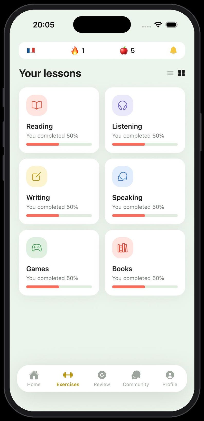 May include: A smartphone screen displaying a language learning application interface titled Your lessons. The dashboard features six white cards for Reading, Listening, Writing, Speaking, Games, and Books, each showing a 50% completion progress bar.