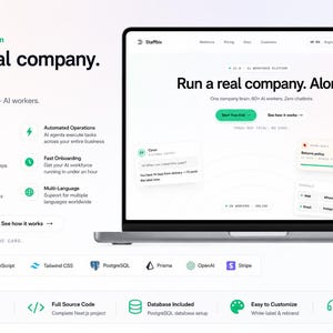 Op de afbeelding: Een digitale interface voor het Staffbix AI Workforce Platform weergegeven op een laptop en smartphone. Het scherm bevat de tekst Run a real company. Alone. samen met lijsten met functies zoals 64+ AI Agent Roles, Automated Operations, Brand Bible en Fast Onboarding. Pictogrammen voor Next.js, TypeScript, Tailwind CSS, PostgreSQL, Prisma, OpenAI en Stripe zijn onderaan zichtbaar.