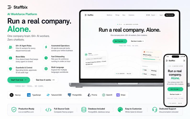 May include: A digital interface for Staffbix AI Workforce Platform displayed on a laptop and smartphone. The screen features the text Run a real company. Alone. along with lists of features like 64+ AI Agent Roles, Automated Operations, Brand Bible, and Fast Onboarding. Icons for Next.js, TypeScript, Tailwind CSS, PostgreSQL, Prisma, OpenAI, and Stripe are visible at the bottom.