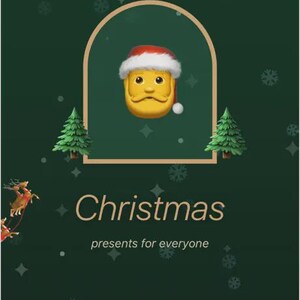 Peut inclure: Une interface d'application mobile vert fonc&eacute; avec un cadre en arche contenant un &eacute;moji portant un bonnet de P&egrave;re No&euml;l. Le texte indique Christmas presents for everyone, avec un bouton Get started et des ic&ocirc;nes d'arbres et une cloche.