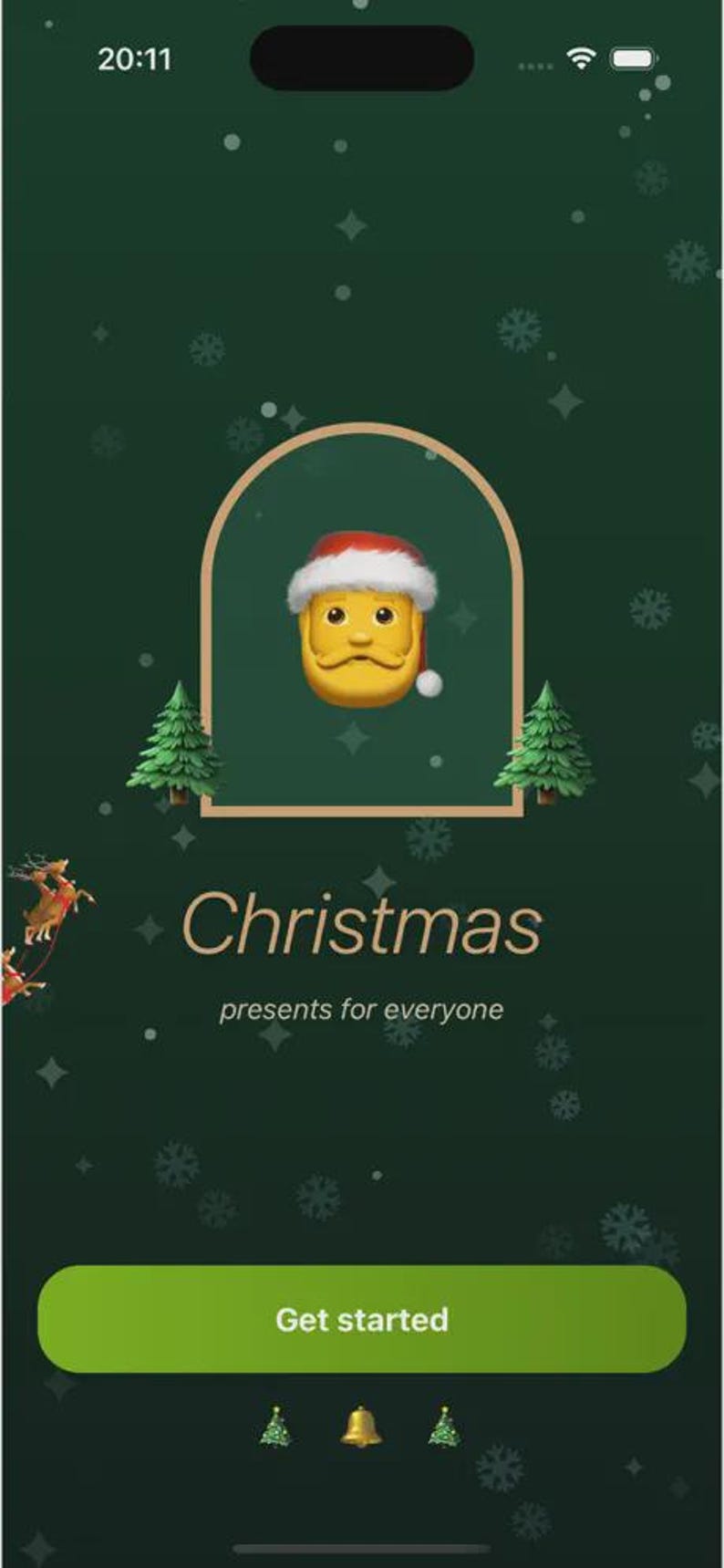 Peut inclure: Une interface d'application mobile vert fonc&eacute; avec un cadre en arche contenant un &eacute;moji portant un bonnet de P&egrave;re No&euml;l. Le texte indique Christmas presents for everyone, avec un bouton Get started et des ic&ocirc;nes d'arbres et une cloche.