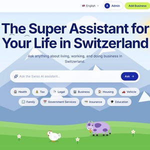 Op de afbeelding: Een digitale interface voor ConnectSwiss met een zoekbalk met de tekst Ask the Swiss AI assistant, omringd door categorieknoppen zoals Health, Tax en Legal, tegen een achtergrond van blauwe bergen, groene velden en verschillende dieren.