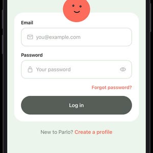 May include: A mobile phone screen displaying a login interface for the Parlo app. The screen features the text Welcome back! Your buddy missed you., an email field, a password field, a Log in button, and a Create a profile link.