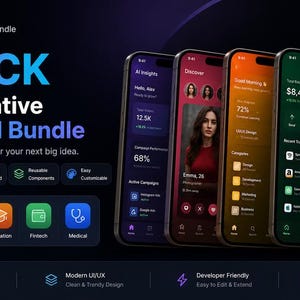 Op de afbeelding: Een digitaal display met een React Native Frontend-pakket met vijf smartphoneschermen met verschillende app-interfaces, waaronder AI-marketing, dating, onderwijs, fintech en medische thema's tegen een donkerpaarse achtergrond.