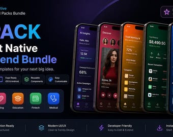 Paket med React Native UI-mallar | Expo TypeScript Frontend-paket (5 mallar)