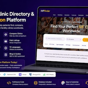 Könnte beinhalten: Eine digitale Anzeige, die die IVF Finder Plattform für Fruchtbarkeitskliniken und Vergleiche auf einem Laptop und Smartphone zeigt. Die Benutzeroberfläche umfasst Suchleisten, Kliniklisten und Servicedetails, wobei Text den weltweiten Zugang zu Kliniken, Behandlungsoptionen und technische Spezifikationen für die Plattform hervorhebt.
