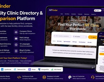 Code source complet de l'annuaire des cliniques de fertilité IVFFinder | Script Next.js TypeScript pour Marketplace | Starter SaaS