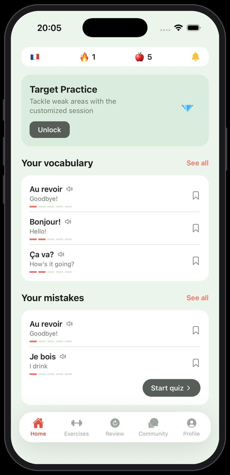 May include: A smartphone screen displaying a language learning application interface. The dashboard features a Target Practice section, a Your vocabulary list with French phrases like Au revoir and Bonjour, and a Your mistakes section with translations.