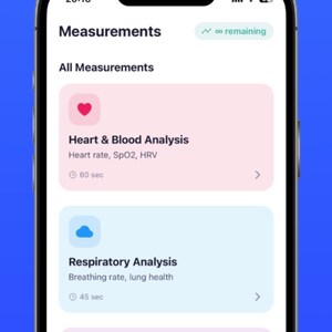 May include: A smartphone screen displaying a health application interface with the text ONE SCAN. TOTAL HEALTH. The menu shows options for Heart & Blood Analysis, Respiratory Analysis, and Symptom Checker with icons and time durations.
