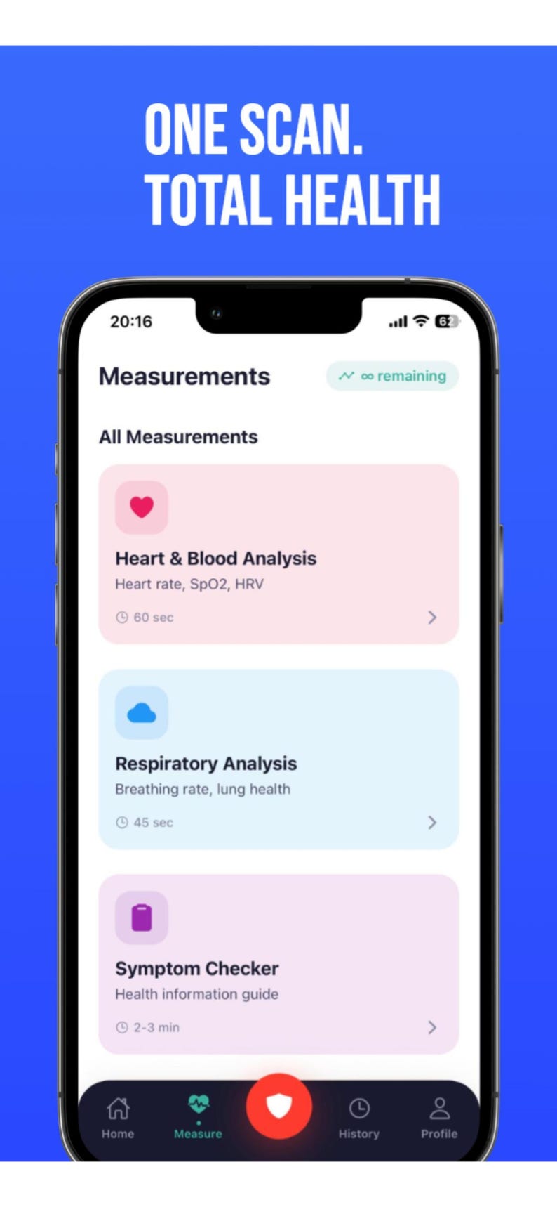 May include: A smartphone screen displaying a health application interface with the text ONE SCAN. TOTAL HEALTH. The menu shows options for Heart & Blood Analysis, Respiratory Analysis, and Symptom Checker with icons and time durations.