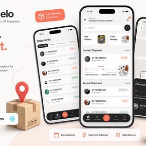 Op de afbeelding: Een Parcelo pakketbezorging UI-template met drie smartphoneschermen die verzendlijsten, trackingdetails en een kaart tonen. Het ontwerp bevat de tekst Ship it. Track it. Done., een kartonnen doos met een rode locatiepin en een bestelwagen.
