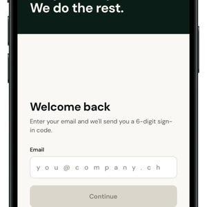 May include: A smartphone screen displaying the SwissLedger app login interface. The dark header features the text SwissLedger, Designed for Switzerland, and Snap a receipt. We do the rest. Below, the white screen shows Welcome back, an email input field, a Continue button, and a link to Create an account.