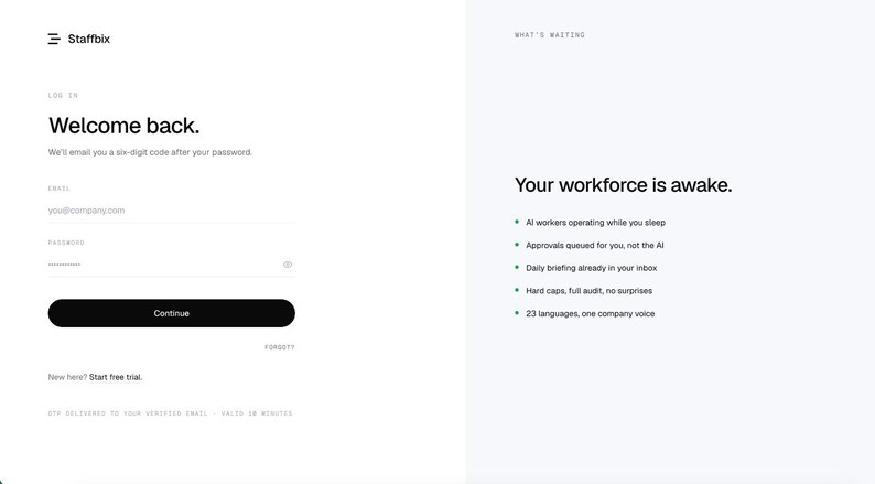 May include: A digital login interface for Staffbix featuring a white background with black text. The left side displays a Welcome back login form with email and password fields, while the right side lists features under the heading Your workforce is awake.