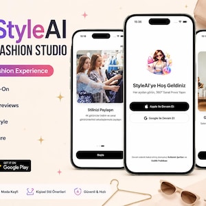 Puede incluir: Tres teléfonos inteligentes muestran la interfaz de la aplicación StyleAI Fashion Studio, con una experiencia de moda impulsada por IA, prueba virtual, vistas previas en 4K y uso compartido seguro. Las pantallas muestran textos en turco.