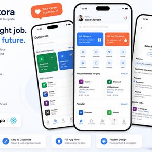 Op de afbeelding: Drie smartphones met de Werkora vacature-app UI-template. De schermen tonen bedrijfslijsten, jobcategorieën en sollicitatiegegevens met blauwe, groene en oranje accenten. Tekst bevat Werkora, Find the right job en Build your future.