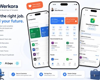 React Native Expo Job Board UI Template | TypeScript Recruitment App Screens (Digital Download)
