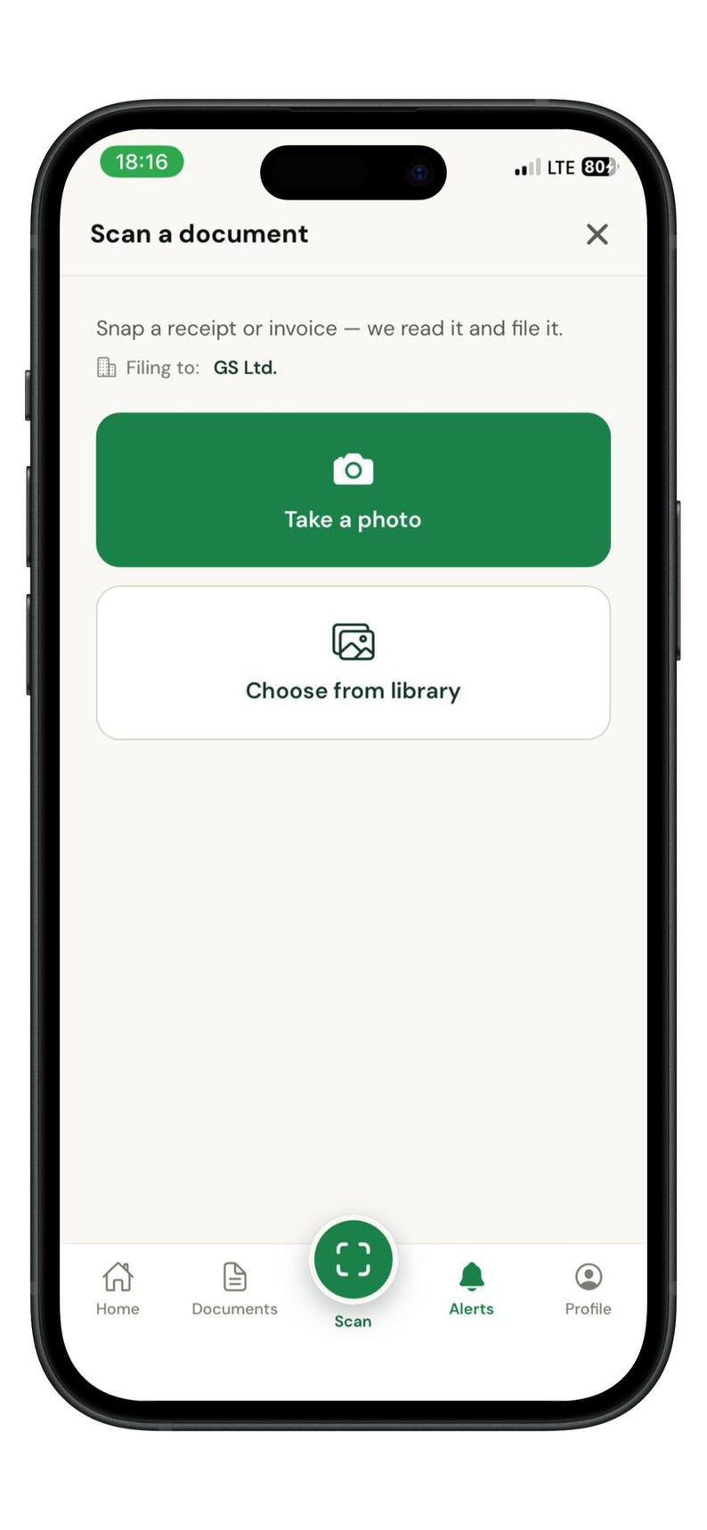 May include: A smartphone screen displaying a document scanning interface with the header Scan a document, the text Snap a receipt or invoice &mdash; we read it and file it, and Filing to: GS Ltd. It includes buttons for Take a photo and Choose from library.