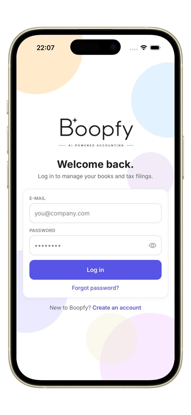 K&ouml;nnte beinhalten: Ein Smartphone-Bildschirm zeigt die Anmeldeseite der mobilen Buchhaltungs-App Boopfy mit KI-Unterst&uuml;tzung. Die Benutzeroberfl&auml;che hat einen wei&szlig;en Hintergrund mit pastellfarbenen Kreisen, ein Anmeldeformular und einen violetten Anmelde-Button.