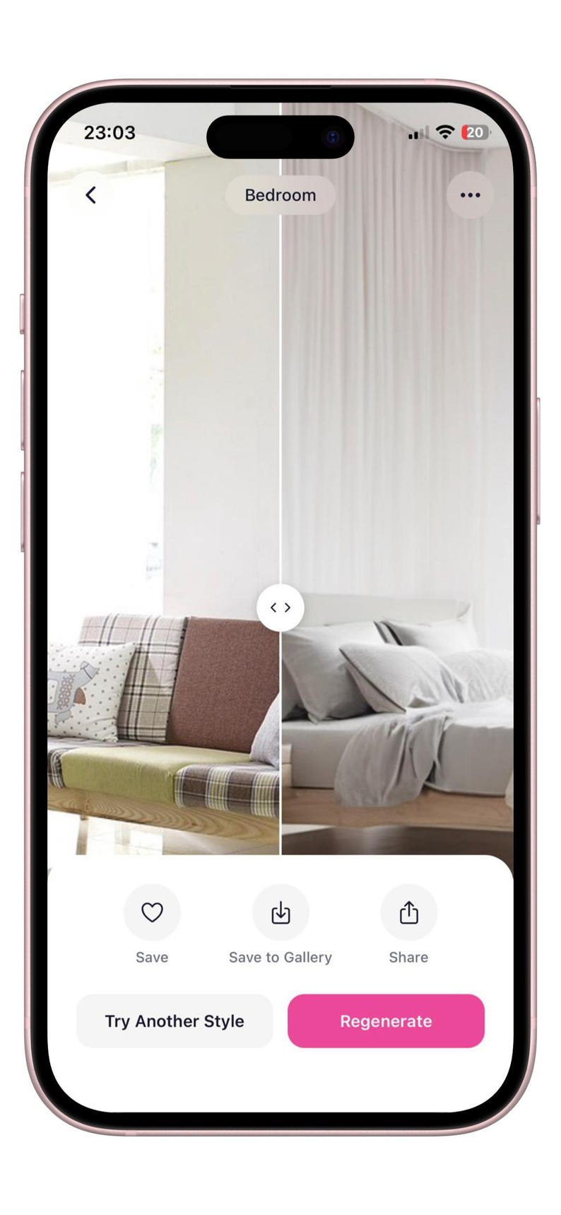 Pu&ograve; includere: Uno schermo di smartphone che mostra un'applicazione di design d'interni con visualizzazione divisa. Il lato sinistro mostra un divano con cuscini a quadri e a tinta unita, mentre il destro mostra un letto con biancheria grigio chiaro. I pulsanti includono Save, Save to Gallery, Share, Try Another Style e Regenerate.