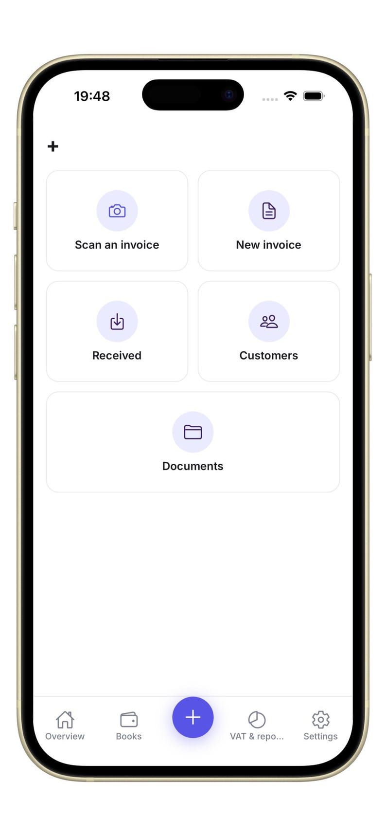 K&ouml;nnte beinhalten: Ein Smartphone-Bildschirm zeigt eine Finanz-App-Oberfl&auml;che mit wei&szlig;em Hintergrund und violetten Symbolen. Das Men&uuml; enth&auml;lt Optionen f&uuml;r Scan an invoice, New invoice, Received, Customers und Documents sowie eine untere Navigationsleiste.