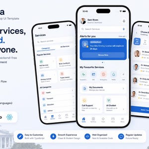 Op de afbeelding: Een digitaal UI-sjabloon voor een mobiele applicatie voor burgerdiensten genaamd Civora, met drie smartphoneschermen die servicecategorieën, gebruikersmeldingen en het plannen van doktersafspraken in een blauw-wit design tonen.