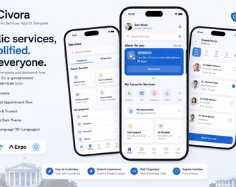 React Native Expo Civic Services-appgränssnittsmall (TypeScript) | 26+ skärmar