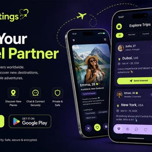 Op de afbeelding: Twee smartphones tonen de interface van de traveldatings-app met donkere thema's, inclusief gebruikersprofielen, reisverkenning en verbindingsopties. Het scherm toont tekst zoals Find Your Travel Partner, Explore Trips en knoppen voor app-stores.