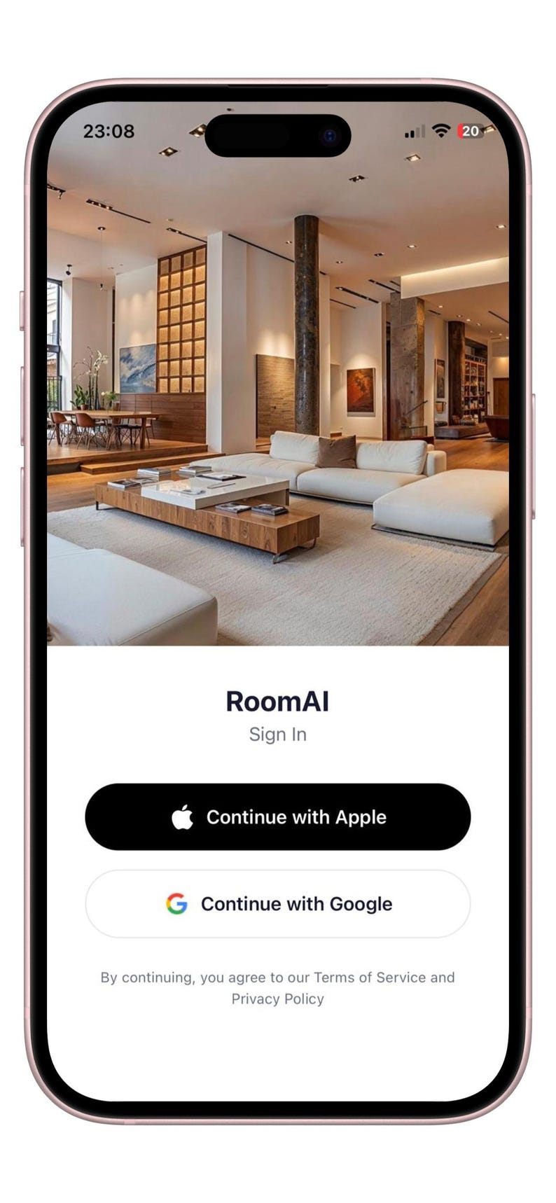 Pu&ograve; includere: Uno schermo di smartphone che mostra la pagina di accesso di RoomAI. L'interfaccia presenta una grande immagine di un soggiorno moderno, il testo RoomAI, Sign In e due pulsanti etichettati come Continue with Apple e Continue with Google.