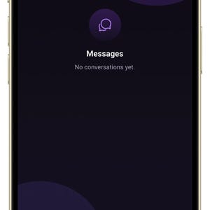 May include: A smartphone displaying a dark-themed messaging interface with the text Messages, Search conversations, and No conversations yet. The bottom navigation bar includes icons for Discover, Posts, a central plus sign, Messages, and Profile.