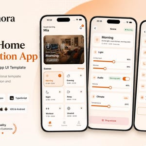 Op de afbeelding: Drie smartphones met de interface van de Domora smart home automatisering app. De schermen tonen diverse UI-elementen waaronder scènebeheer, verlichting, audio en klimaatregeling met een lichtgekleurd ontwerp en oranje accenten.