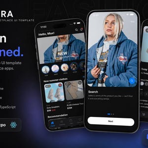 Op de afbeelding: Een digitale UI-template voor een mode-app genaamd Bazera, met drie smartphoneschermen die een dark-mode interface tonen met productlijsten, zoekfunctionaliteit en kledingafbeeldingen, naast tekst met details over functies zoals 24+ schermen.