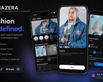 React Native Expo Fashion App UI-mall | TypeScript e-handelsmobilkit (24 skärmar)