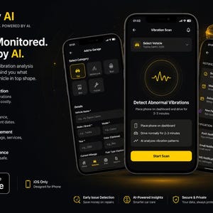Op de afbeelding: Drie smartphones tonen de interface van de Motify AI-app op een zwarte achtergrond. De schermen tonen voertuigselectie, vibratiescan en meldingsinstellingen met gele en witte tekst, iconen en een grafische weergave van een auto.