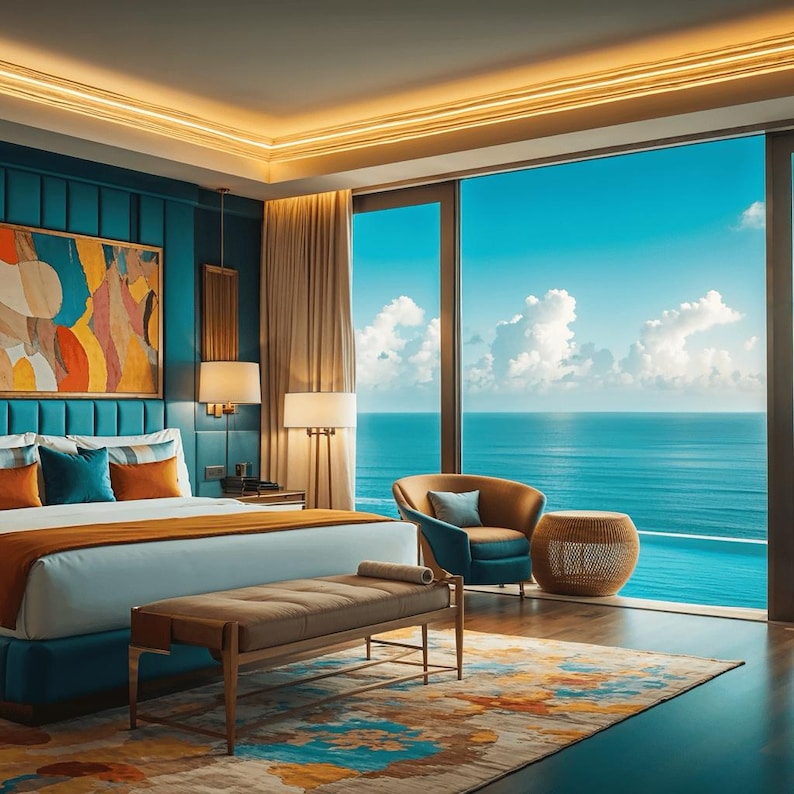 Pu&ograve; includere: Una camera da letto con un letto con biancheria color verde acqua e arancione, una panca abbinata e una sedia curva. Una grande finestra si affaccia sull'oceano. Un dipinto astratto &egrave; appeso sopra la testiera e un tavolino intrecciato &egrave; vicino alla finestra.