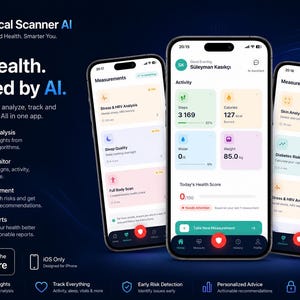 Op de afbeelding: Drie smartphones tonen de interface van de Medical Scanner AI gezondheidsapp tegen een donkerblauwe achtergrond. De schermen tonen diverse gezondheidsgegevens, waaronder stress, slaap, stappen, calorieën en gewicht, naast tekst over app-functies.