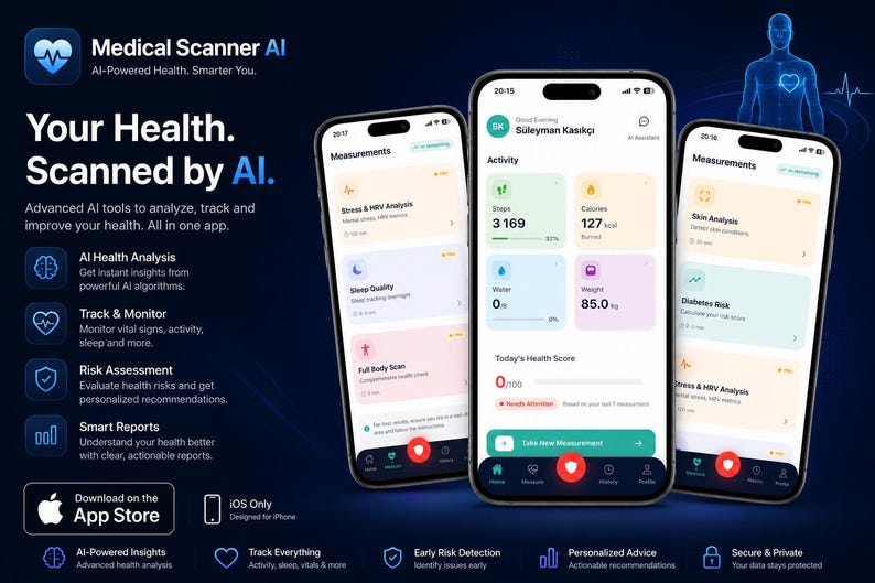 May include: Three smartphones display the Medical Scanner AI health application interface against a dark blue background. The screens show various health metrics, including stress, sleep, steps, calories, and weight, alongside text detailing app features.