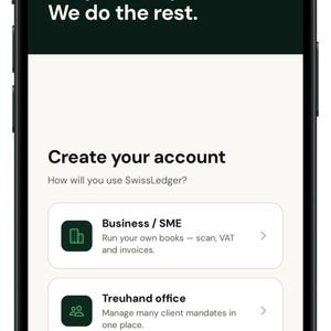 May include: A smartphone screen displaying the SwissLedger app interface. The screen shows the text 'Snap a receipt. We do the rest.' and 'Create your account' with two options: 'Business / SME' for scanning invoices and 'Treuhand office' for client mandates.