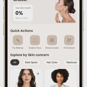 K&ouml;nnte beinhalten: Ein Smartphone-Bildschirm mit der Benutzeroberfl&auml;che einer mobilen App namens Your Daily Skin Check. Die Anzeige enth&auml;lt ein Profilbild, Schnellzugriffssymbole f&uuml;r Make-up und Analysen sowie Kategorien f&uuml;r Hautanliegen wie dunkle Flecken.