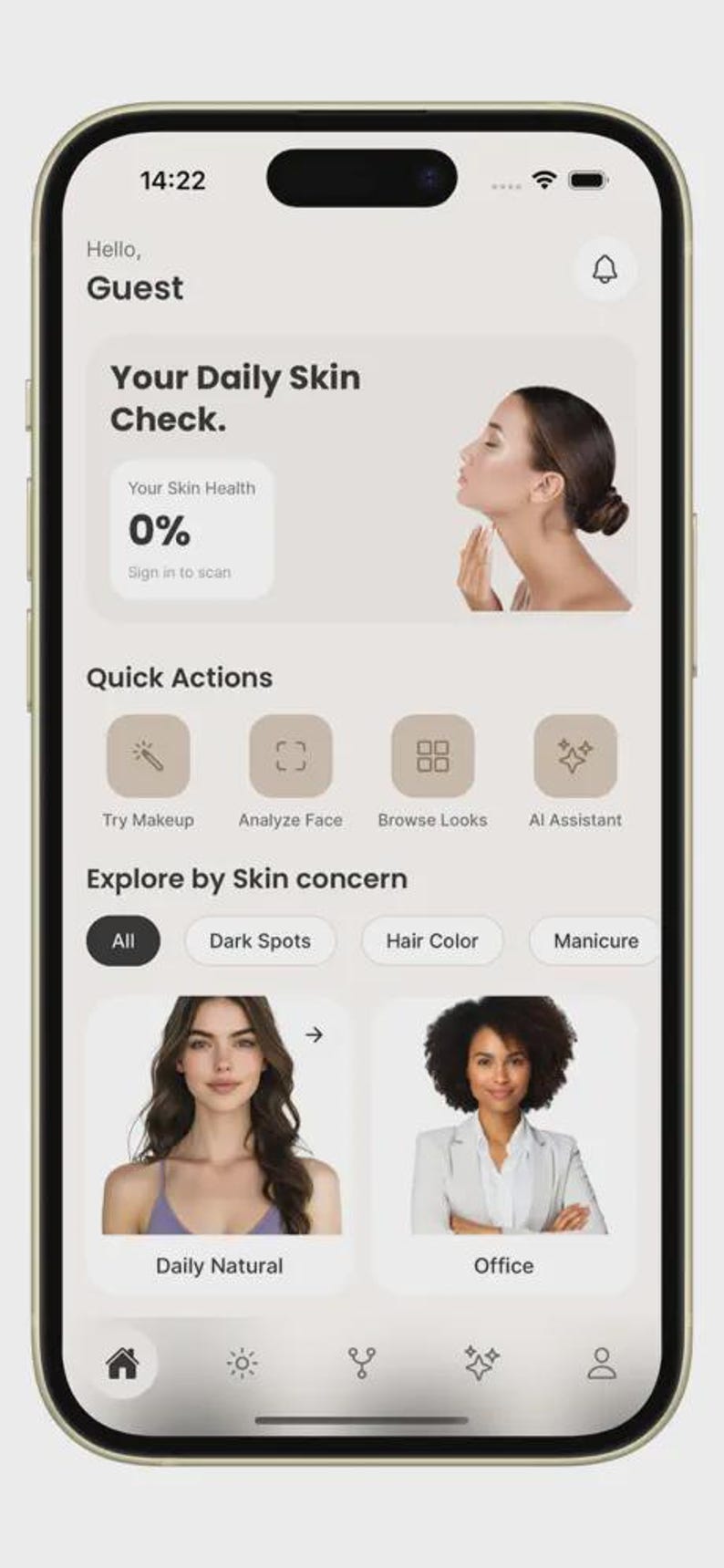 K&ouml;nnte beinhalten: Ein Smartphone-Bildschirm mit der Benutzeroberfl&auml;che einer mobilen App namens Your Daily Skin Check. Die Anzeige enth&auml;lt ein Profilbild, Schnellzugriffssymbole f&uuml;r Make-up und Analysen sowie Kategorien f&uuml;r Hautanliegen wie dunkle Flecken.