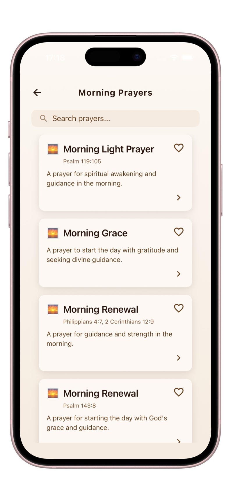 May include: A smartphone screen displaying a Morning Prayers app interface with a list of prayer titles including Morning Light Prayer, Morning Grace, and Morning Renewal, each accompanied by a small sunrise icon, scripture references, and descriptions.