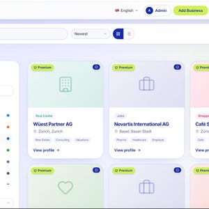 May include: A digital interface for ConnectSwiss displaying a business directory with a search bar, filter sidebar, and a grid of business cards. Each card features a category, company name, location, and a View profile link on a light background.