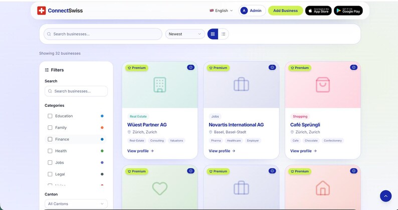 May include: A digital interface for ConnectSwiss displaying a business directory with a search bar, filter sidebar, and a grid of business cards. Each card features a category, company name, location, and a View profile link on a light background.