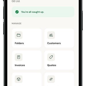 May include: A smartphone screen displaying the SwissLedger business application interface. The dashboard shows a greeting to Osman, a status message, and a grid of navigation icons for Folders, Customers, Invoices, Quotes, Products, and Income & expenses.