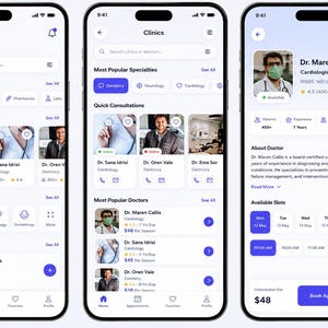 Op de afbeelding: Drie smartphoneschermen met de interface van een medische afspraken-app, voorzien van een witte achtergrond, blauwe accenten en donkere tekst. De schermen tonen artsenprofielen, zoekcategorieën, klinieklijsten en opties voor het plannen van afspraken.